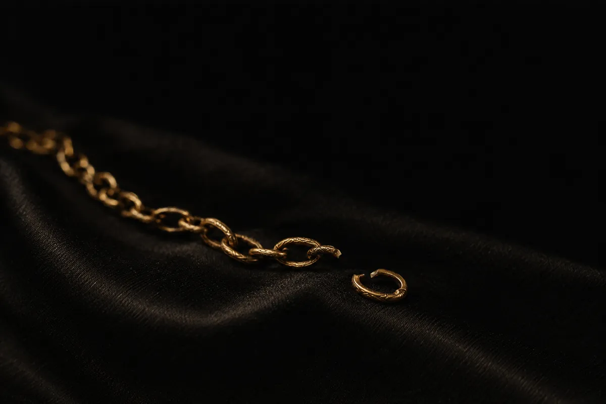 A fine gilded chain on black silk with one link opened and set apart