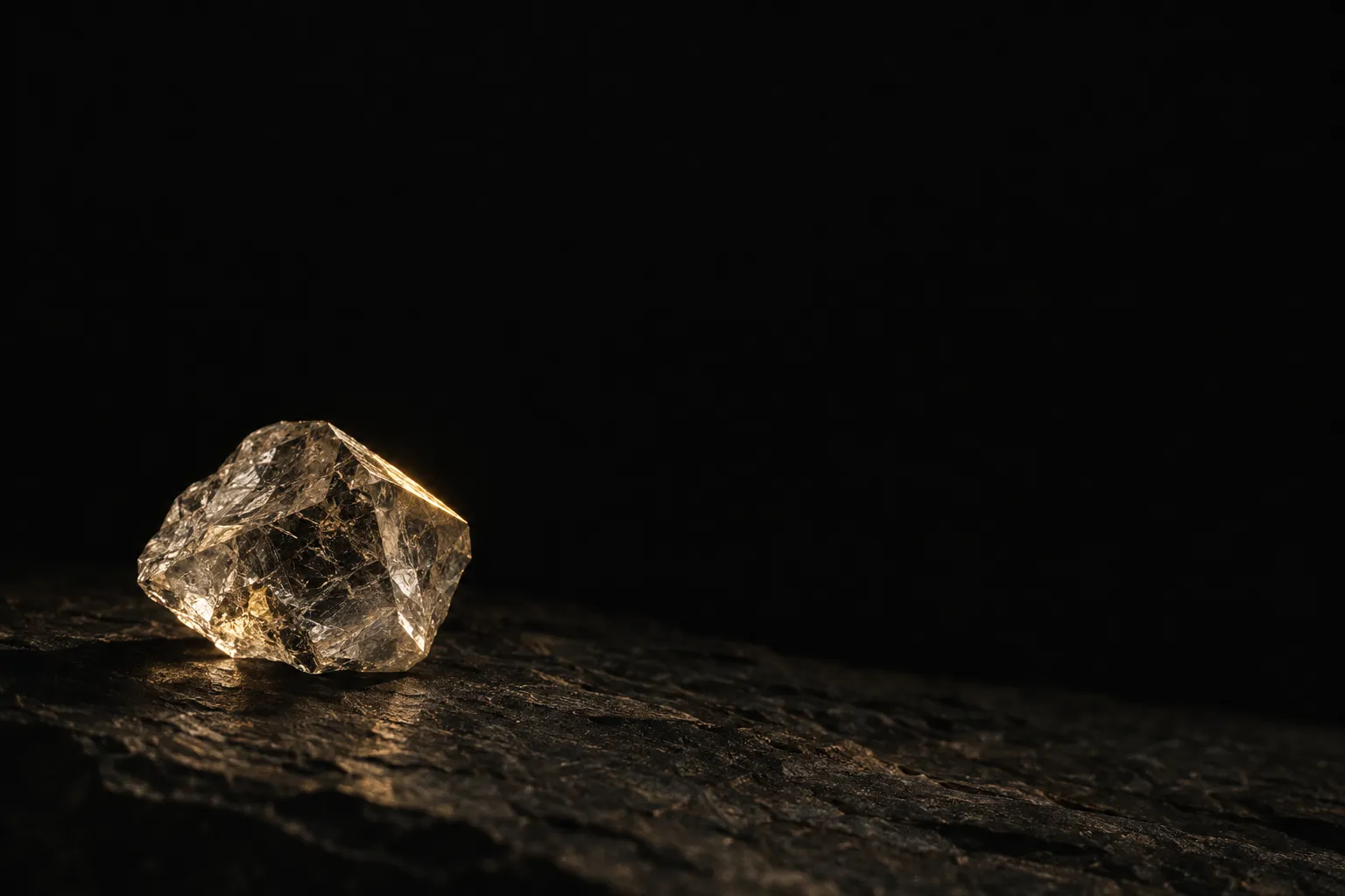 A rough, uncut diamond resting on dark stone, one facet catching gold light