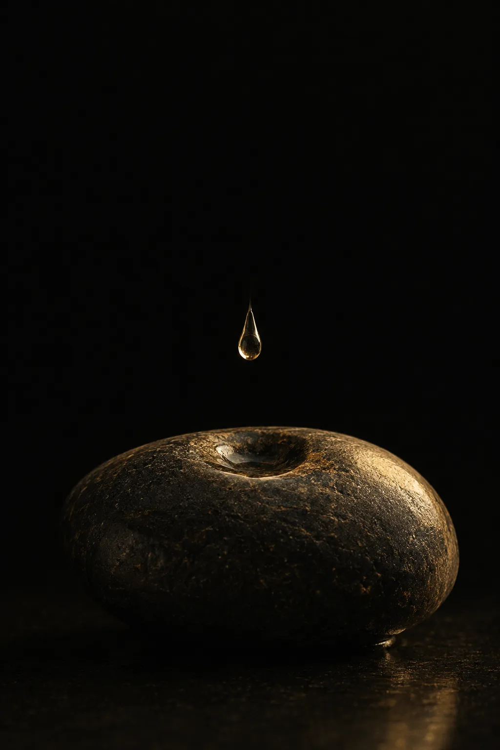 A single drop of water falling toward a dark stone worn hollow by years of drops